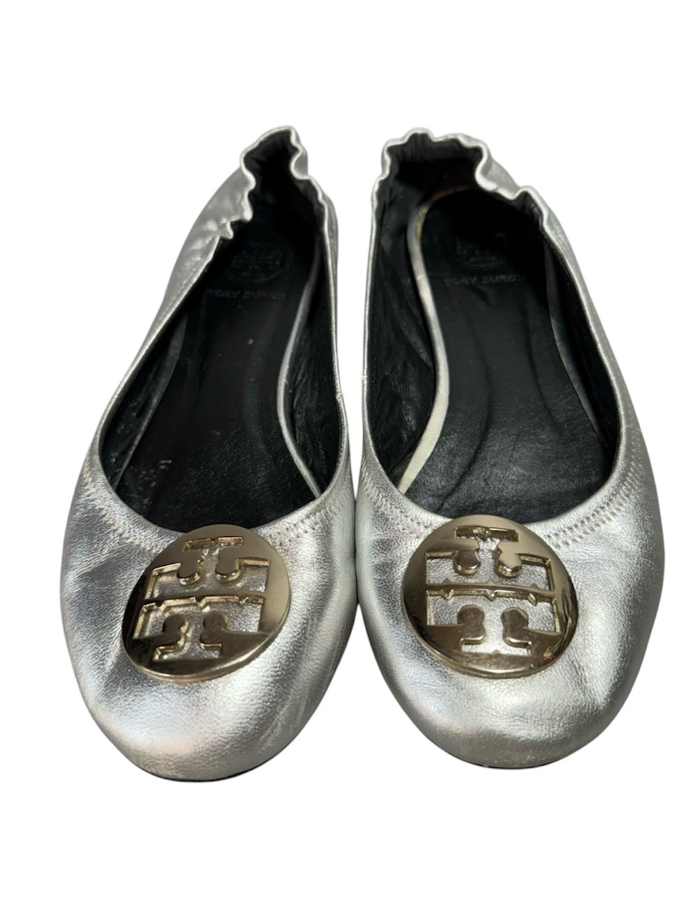 Tory Burch Reva Silver Metallic Ballet Flats with Gold-Tone Emblem